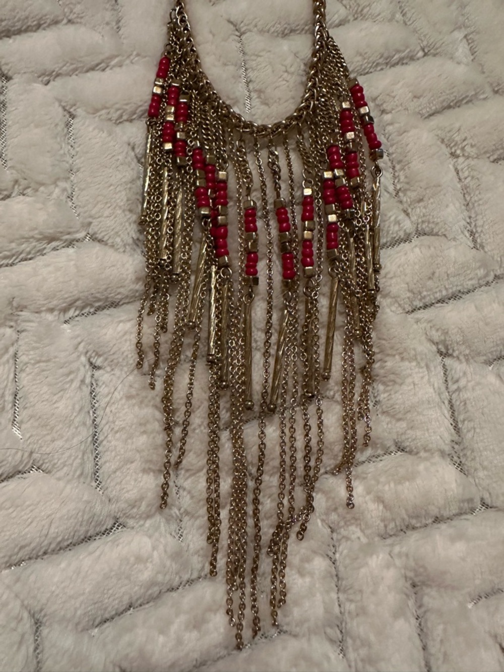 Boho Fringe Bib Necklaces with Gold & Red Beading and Gold & Black Beading
